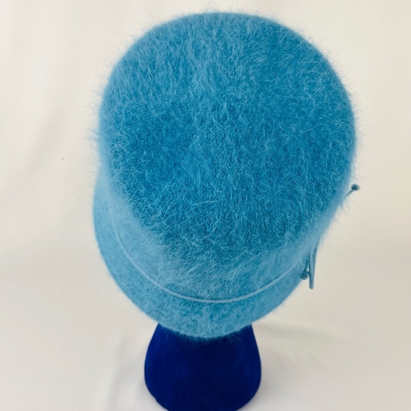 Cheveux CC Teal Blue Angora Blend Bucket Pill Box Hat with leather bow One Size - Picture 3 of 12